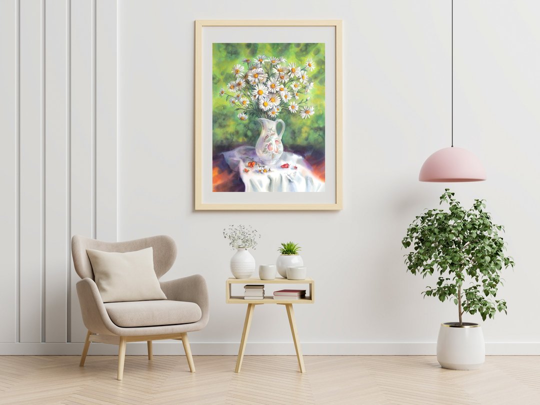 Daisy watercolor Poster Museum quality print Wall art by artist Irina Zhunaeva - 海报/装饰画/版画 - 纸 多色