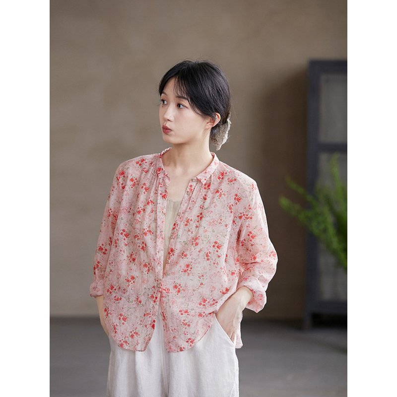 休闲玫瑰碎花6A级桑蚕丝棉小翻领轻薄衬衫 - 女装衬衫 - 棉．麻 