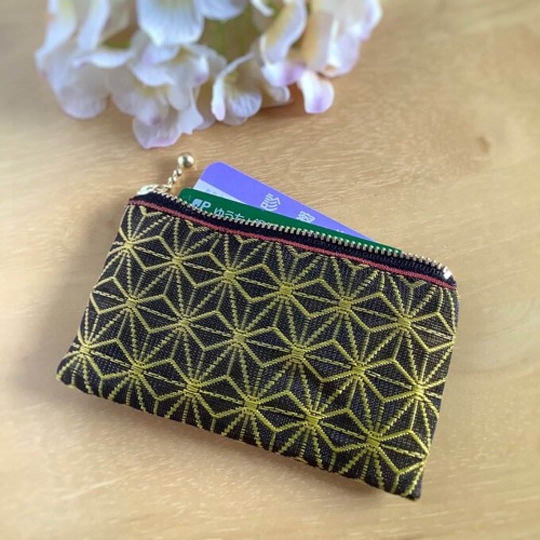 Mini pouch [Hemp leaf pattern] Tatami-rimmed coin purse Card case Black gold Japanese style - 化妆包/杂物包 - 其他材质 黑色