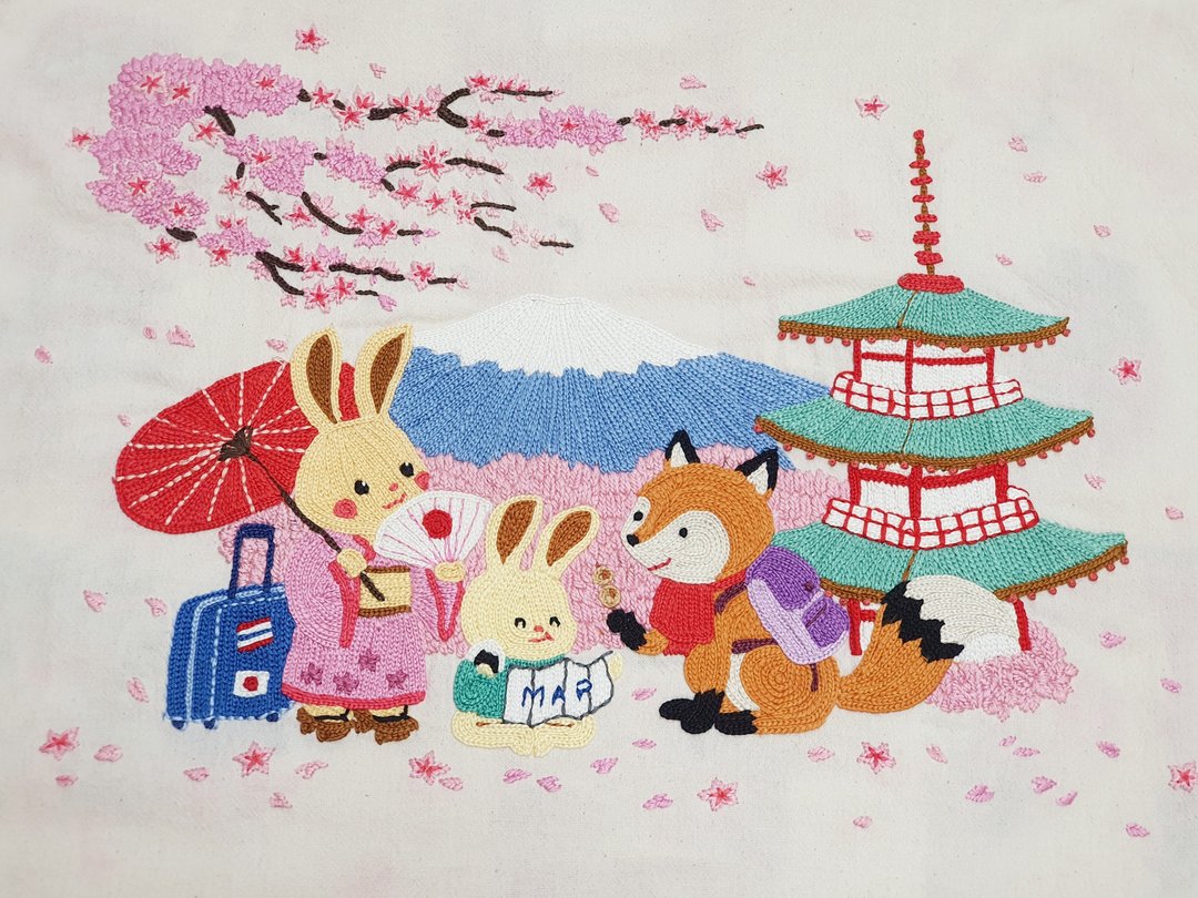 手工刺绣罩衫，采用棉布，日式风格图案：狐狸、兔子、樱花、招财猫。 - 女装休闲/机能外套 - 绣线 白色