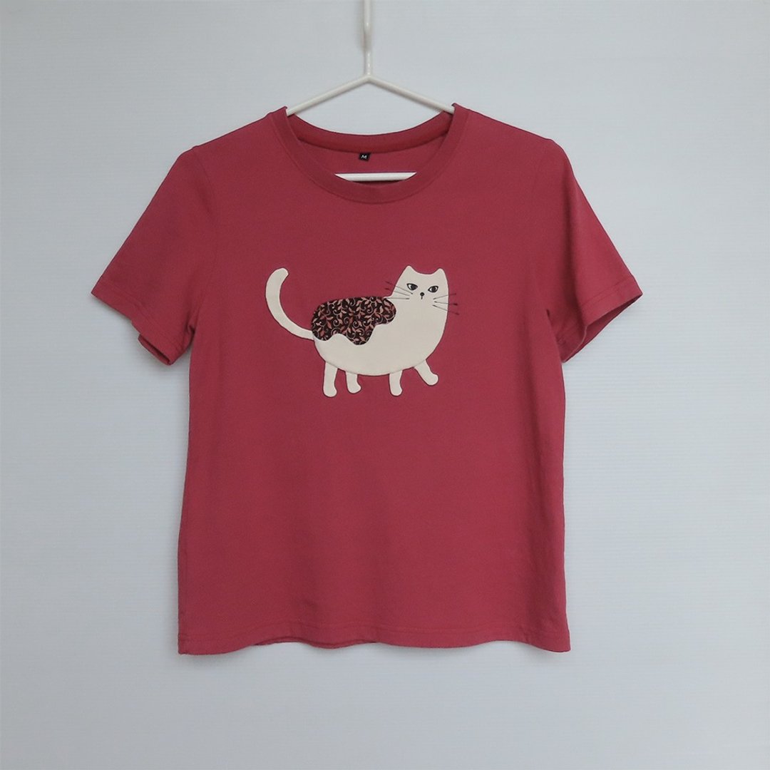 拼布猫咪微宽松短版短袖T-shirt No.1 - 女装 T 恤 - 棉 红色