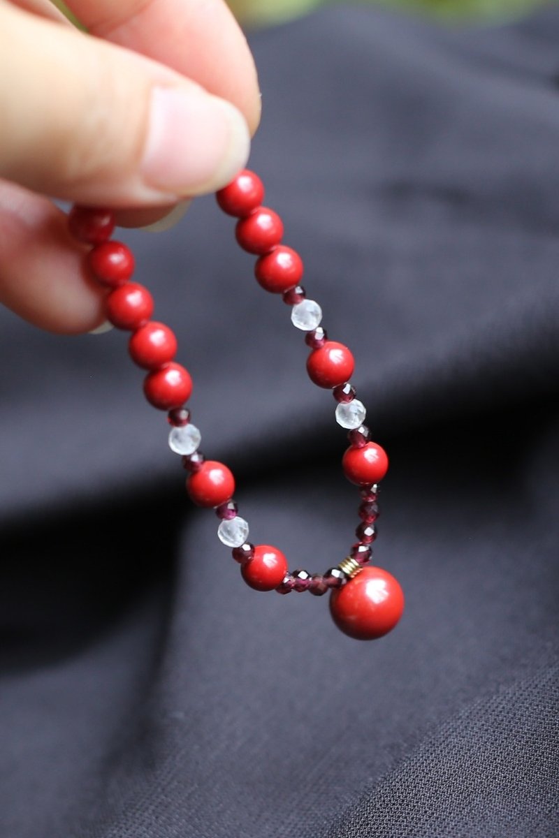 春秋手作 | 高含量朱砂 | 6mm帝王砂 石榴石 水晶 | 开运 - 手链/手环 - 半宝石 红色