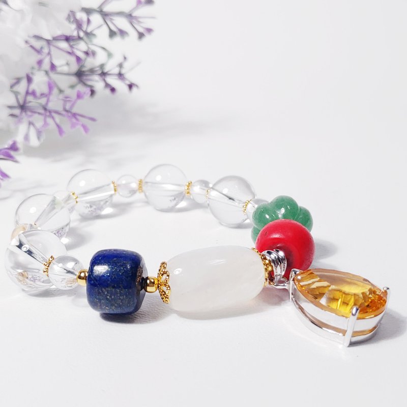天然 五行 能量 宝石 黄水晶坠 雪巴珠 琉璃 手链 过年 开运 招财 - 手链/手环 - 宝石 多色