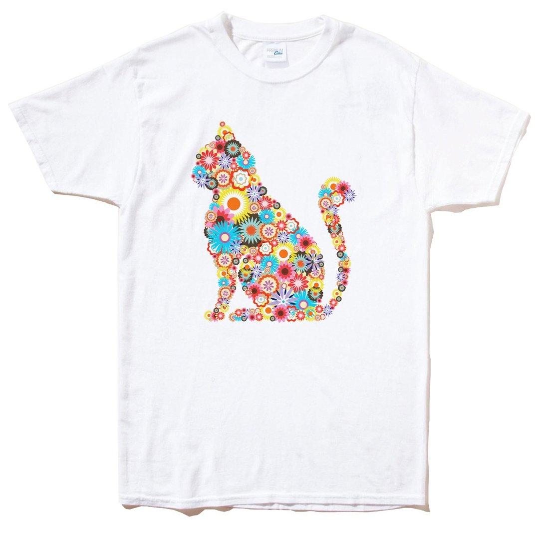 Floral Cat 短袖T恤 白色 花 猫 碎花 设计 插画 艺术 - 男装上衣/T 恤 - 棉 白色