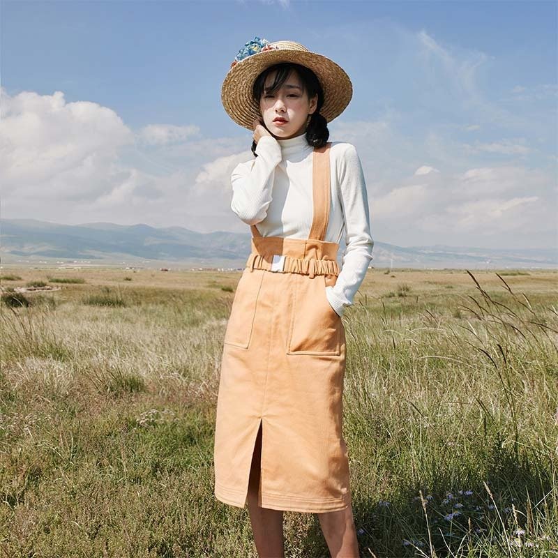 安妮陈2018春夏装新款女士裙子松紧腰带背带半身裙洋装 - 洋装/连衣裙 - 棉．麻 黄色