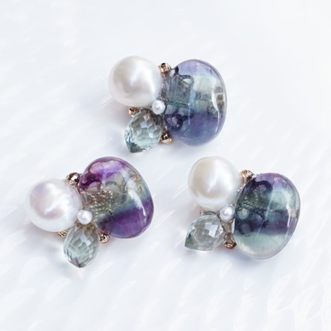 Fluorite, green amethyst and pearl brooch Ophelia - 胸针 - 宝石 多色