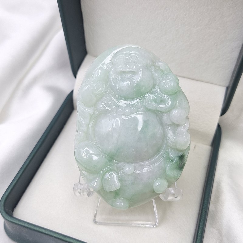 飘花 福气童子 弥勒佛 佛公吊坠 | 天然缅甸玉A货翡翠 - 项链 - 玉石 