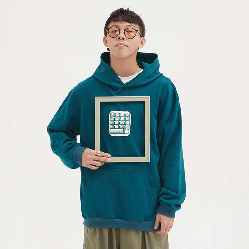情侣款孔雀蓝键盘印花宽松长袖卫衣休闲大学连帽衫 - 中性连帽卫衣/T 恤 - 棉．麻 