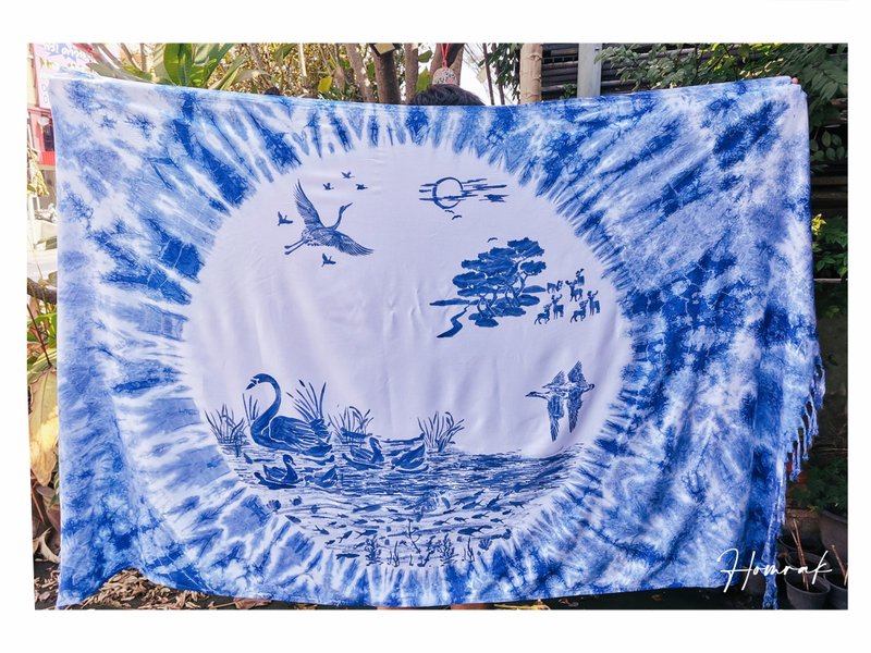 Indigo Shawl (Tiedye + hand painting) - HOMRAK - 丝巾 - 棉．麻 蓝色