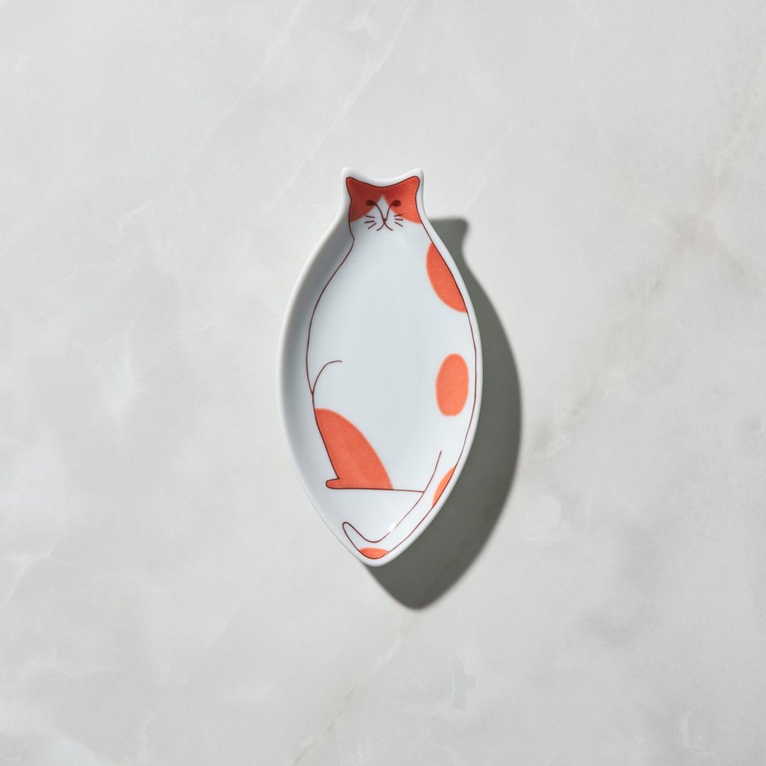 日本晴九谷烧 - 猫小盘 - 黄丹橘 - 盘子/餐盘/盘架 - 瓷 白色