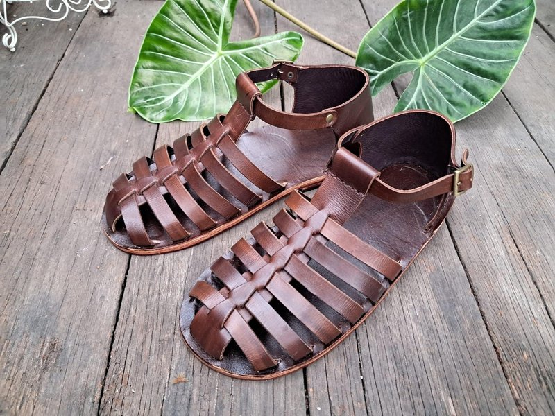 Leather Gladiator Sandals, Dark Brown Leather, Gladiator flat shoes, Mens shoes - 男款皮鞋 - 真皮 咖啡色