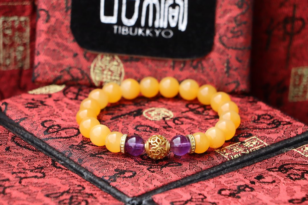 缅甸黄玉手珠 8mm 圆珠 紫水晶 黄铜镂空定制化设计手链 串珠 矿石 - 手链/手环 - 玉石 