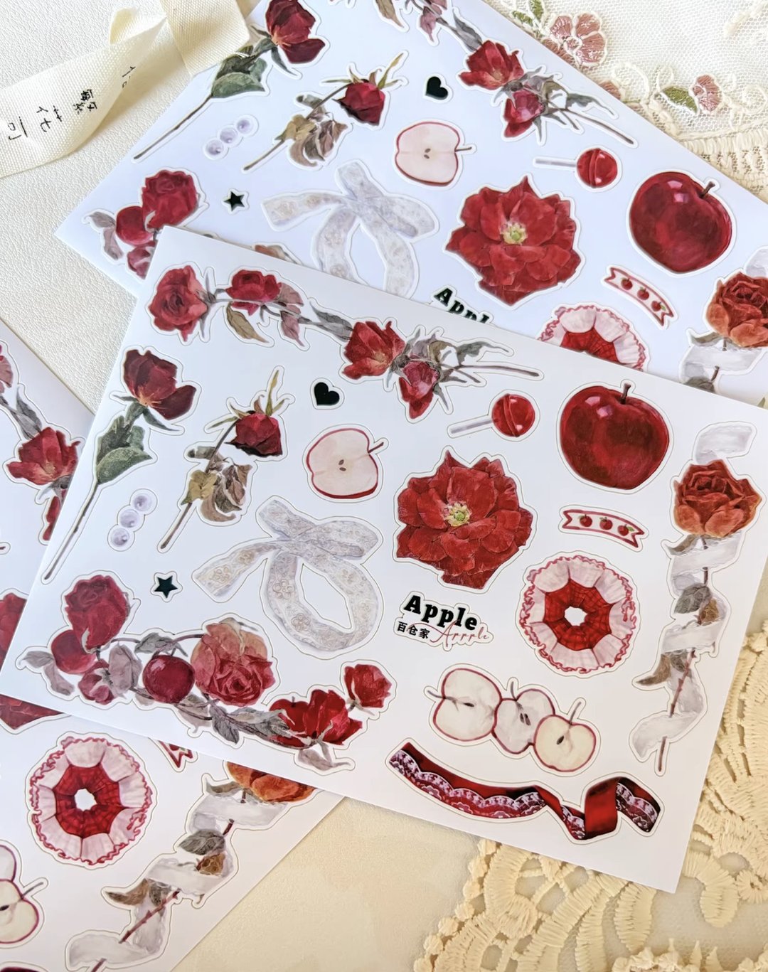 蘋果玫 赤い林檎、赤い薔薇 貼紙套組 手帳デコ - 纸胶带 - 其他材质 多色