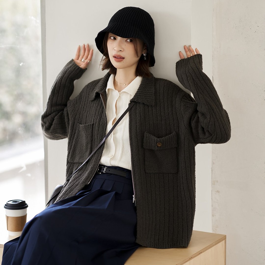 翻领拉链开衫|针织衫|两色|秋冬款|Sora-1349 - 女装针织衫/毛衣 - 羊毛 多色