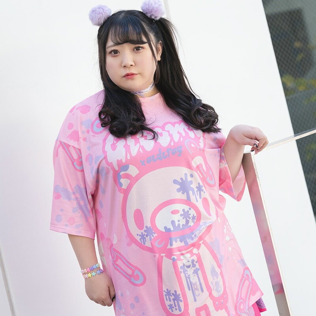 GLOOMY暴力熊グル〜ミ〜水蜜桃宽松长版短袖t恤连身裙【JA0380】 - 女装 T 恤 - 聚酯纤维 