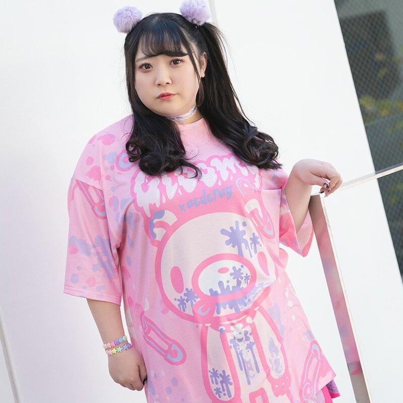 GLOOMY暴力熊グル〜ミ〜水蜜桃宽松长版短袖t恤连身裙【JA0380】 - 女装 T 恤 - 聚酯纤维 