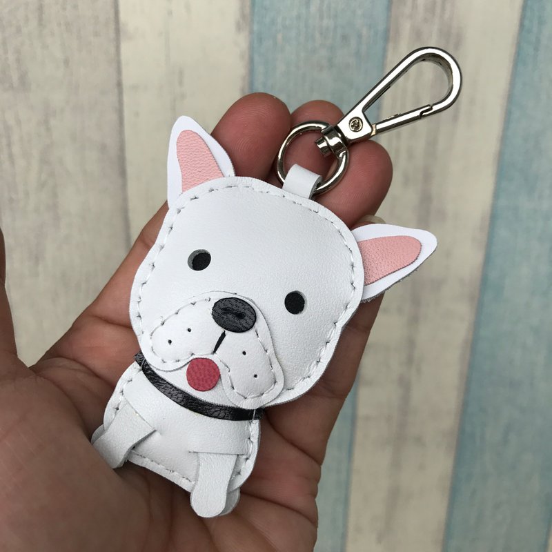 疗愈小物 手工皮革 白色 法斗 狗 纯手工缝制 钥匙扣 小尺寸 - 钥匙链/钥匙包 - 真皮 白色