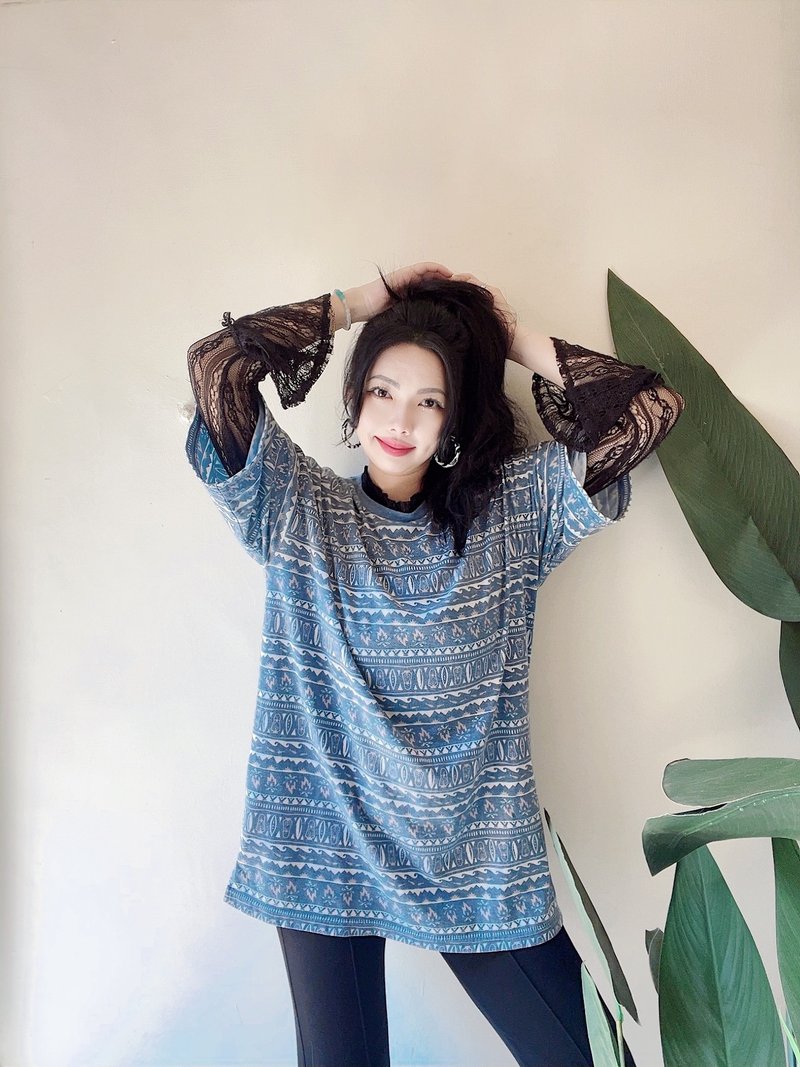 Amina Tshirt日系日牌满版图腾 棉质 软料 宽大 宽松 大尺寸棉T恤 - 女装 T 恤 - 棉．麻 蓝色