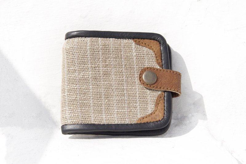 圣诞礼物 圣诞市集 七夕礼物 限量一件棉麻皮夹 / 编织拼接皮革短夹 / 短皮夹 / 零钱包 / 编织皮夹 - 植物染 自然原色 咖啡山丘皮夹(方格织纹) - 皮夹/钱包 - 棉．麻 卡其色