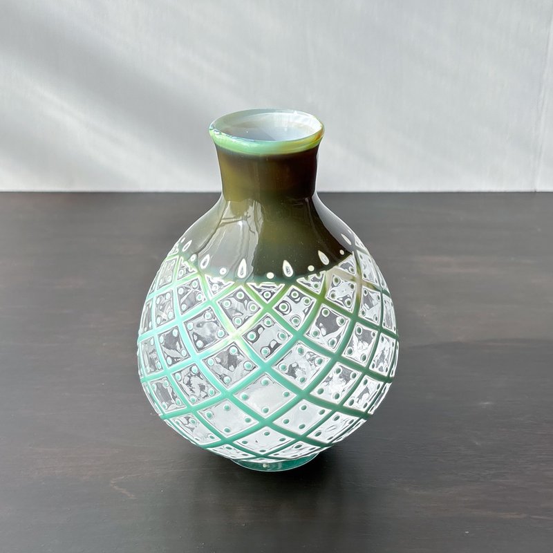 吹制玻璃花器 绿色格纹 - 花瓶/陶器 - 玻璃 