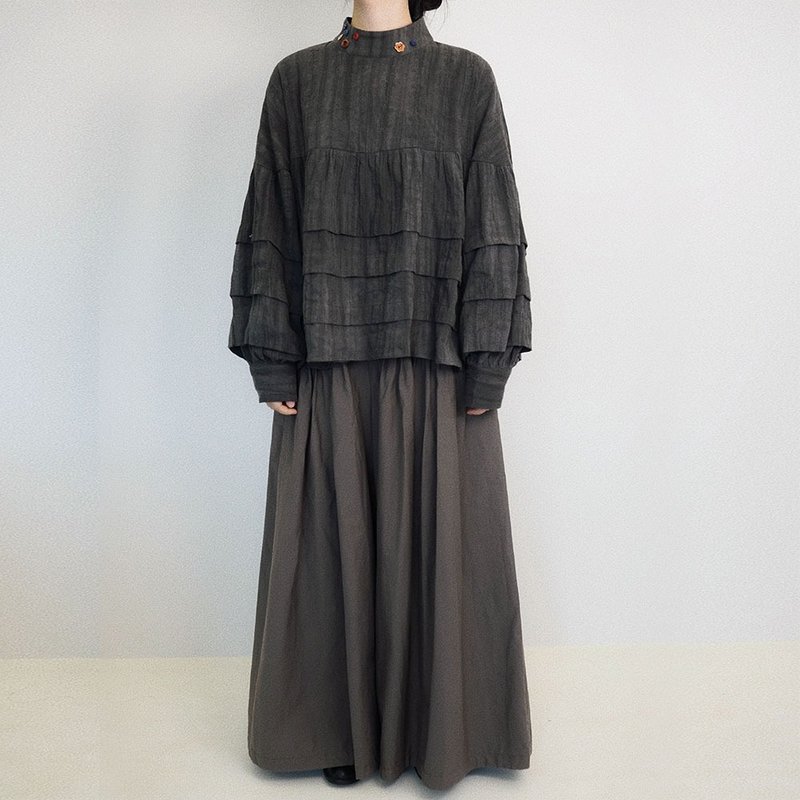 復古花箋系列壓褶肌理上衣 / 侘寂風男女同款 / 小眾設計感 - 其他 - 棉．麻 灰色