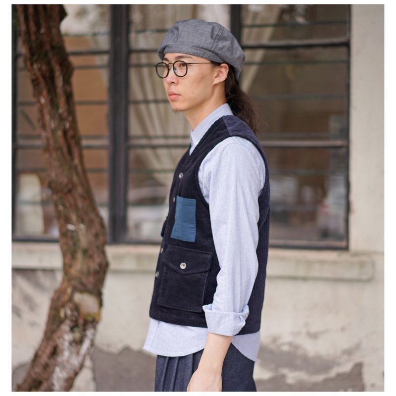Splicing Corduroy Gilet 灯芯绒拼色撞色复古山系马甲背心 - 男装背心 - 棉．麻 卡其色