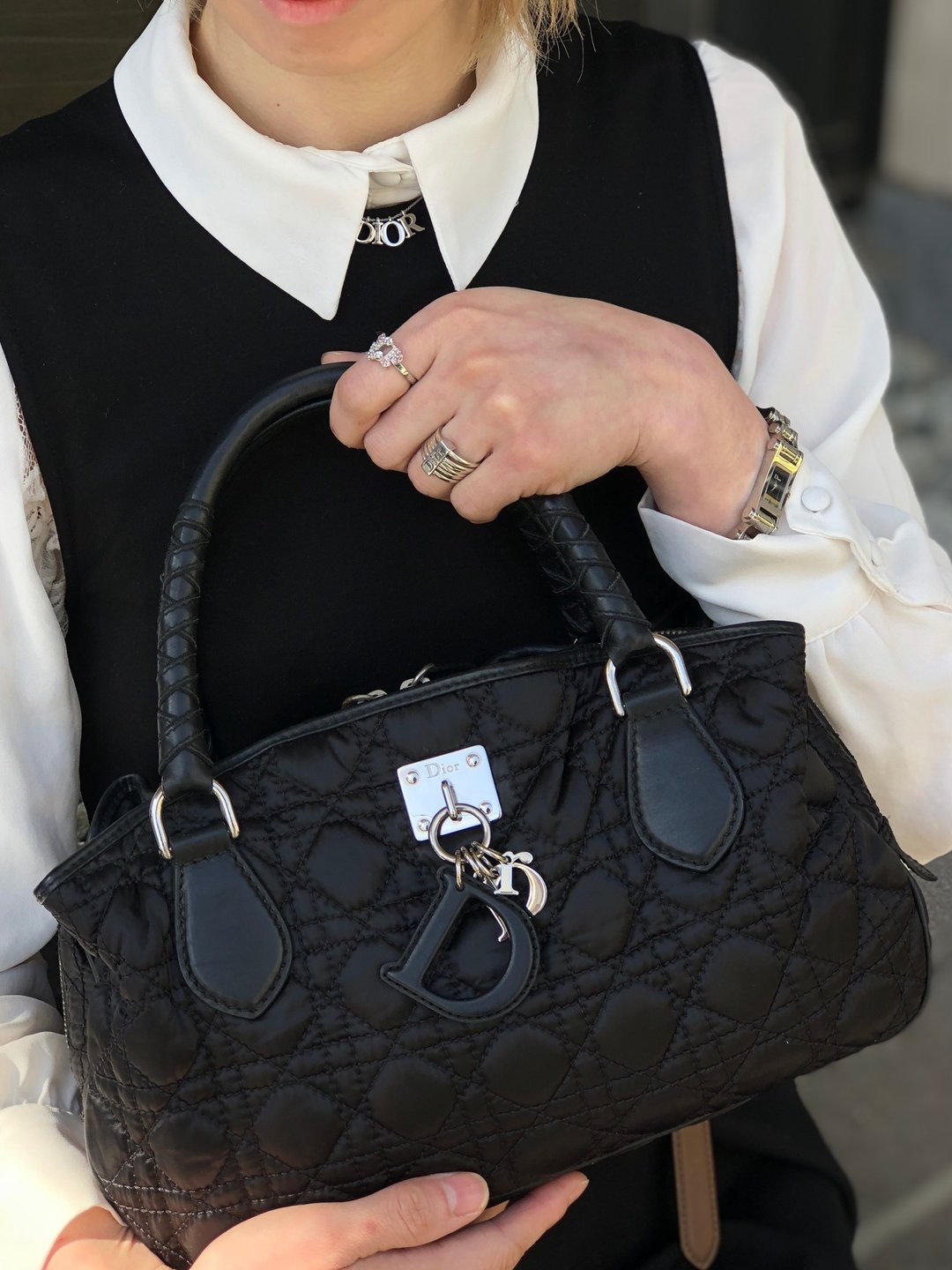 【 日本直送 名牌中古包 】Christian Dior Lovely Cannage 手提包 黑色 坠饰 尼龙 vintage sreacp - 手提包/手提袋 - 尼龙 黑色