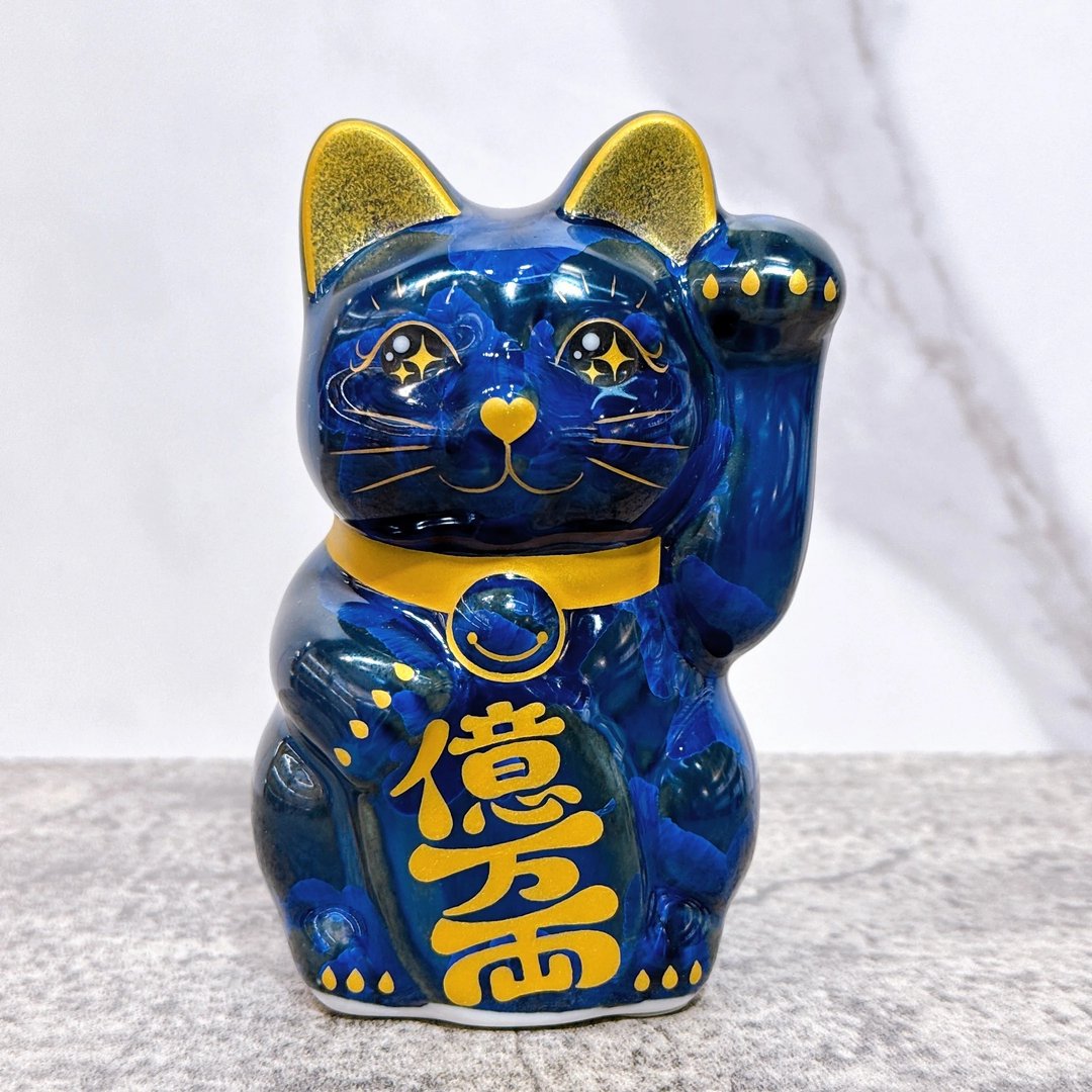 【玄釉招财】日本清水烧招财猫 | 青墨 亿万両 左 特小 - 摆饰 - 瓷 蓝色