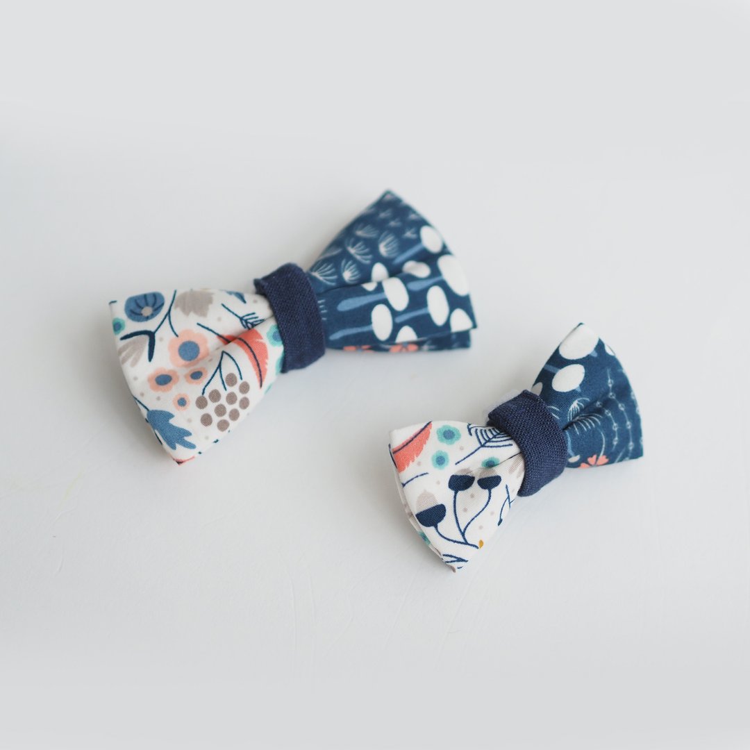 蓝色花草图案蝴蝶结(M) - 项圈/牵绳 - 棉 蓝色
