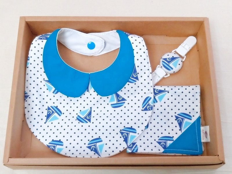 夏日帆船领巾款 兜+ 手帕+手帕夹(3件组)弥月礼 满月礼 - 满月礼盒 - 棉．麻 蓝色
