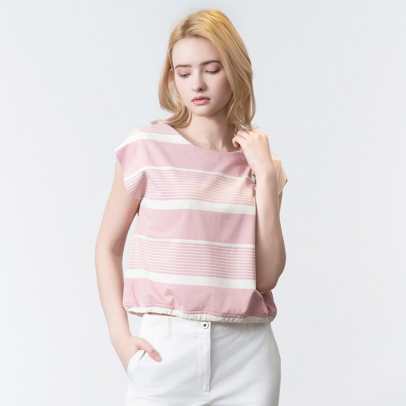【MEDUSA】粉红条纹5号绑绳阔肩T恤(M-XL) | 条纹T恤 女休闲上衣 - 女装 T 恤 - 棉．麻 粉红色