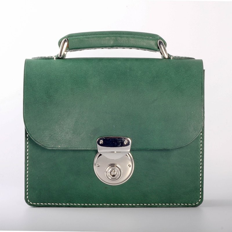 【颖川手创】迷你锁扣小方包+提把(绿色)意大利植物鞣牛皮 - 侧背包/斜挎包 - 真皮 绿色