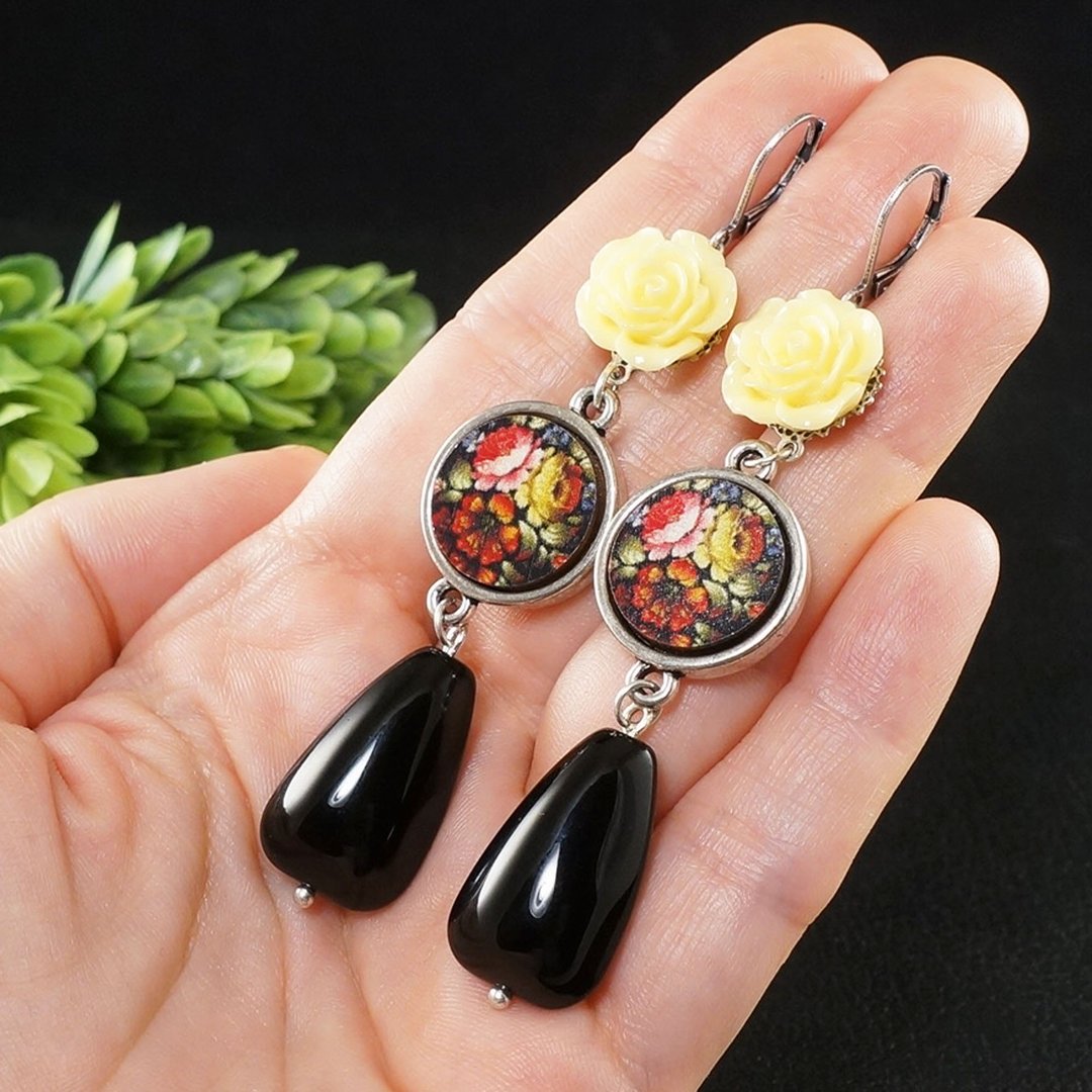 Yellow Rose Black Teardrop A la Russe Zhostovo Flowers Floral Earrings Jewelry - 耳环/耳夹 - 其他材质 黑色
