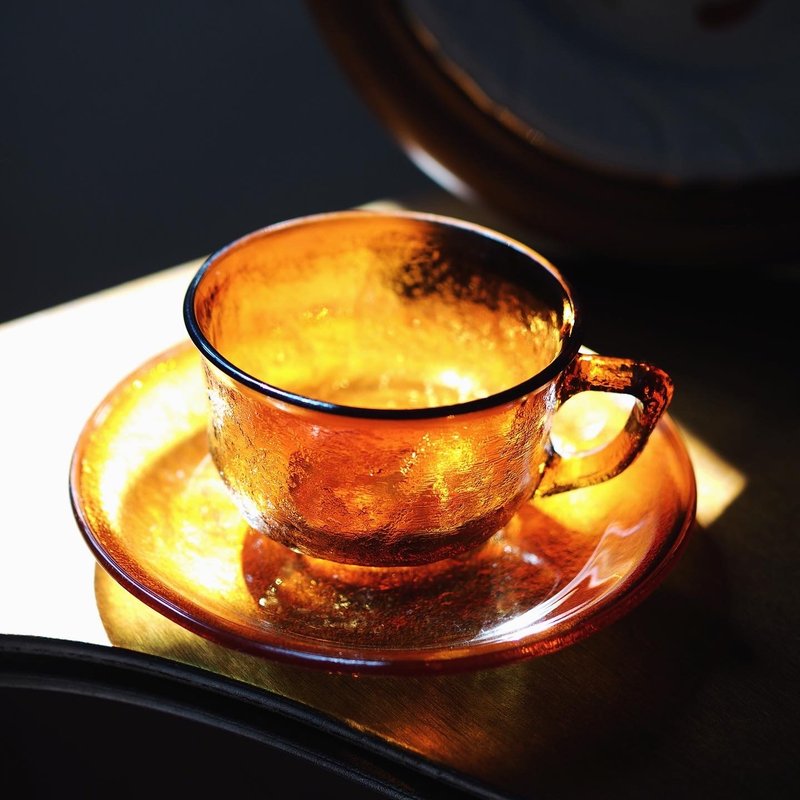 1970年法国 Arcoroc Sierra 琥珀色 玻璃杯碟组 - 咖啡杯/马克杯 - 玻璃 咖啡色