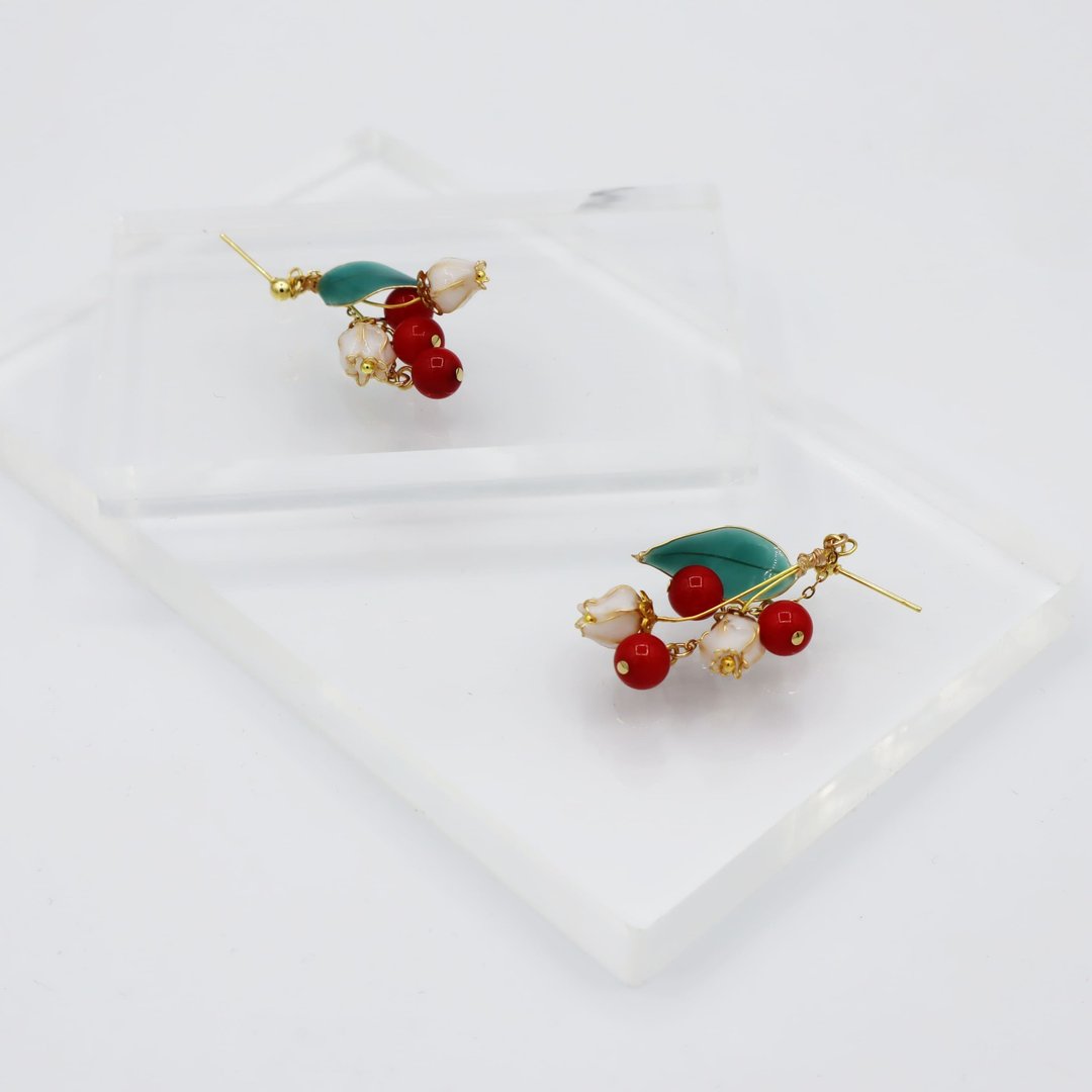 checkerberryピアス_coral - 耳环/耳夹 - 树脂 红色