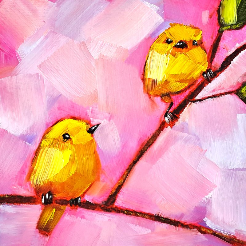 Canary Painting Bird Original Art Couple Bird Oil Painting Animal Small Artwork - 海报/装饰画/版画 - 其他材质 多色