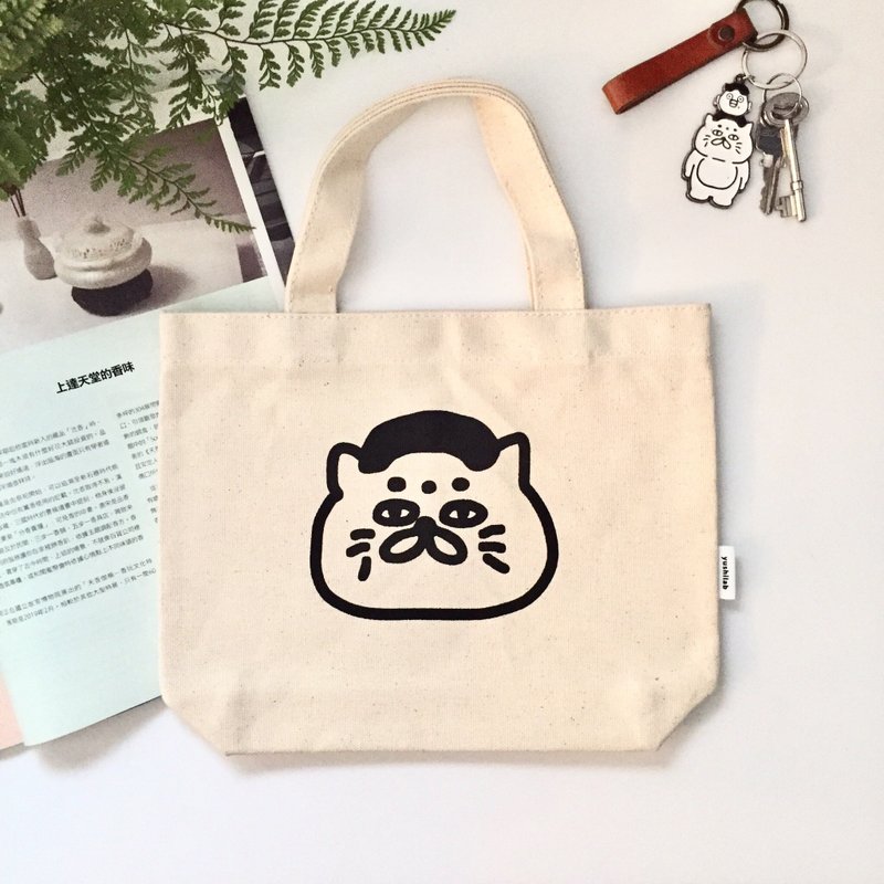黑色猫咪五郎帆布 小提袋 手提袋 共2色 - 手提包/手提袋 - 棉．麻 