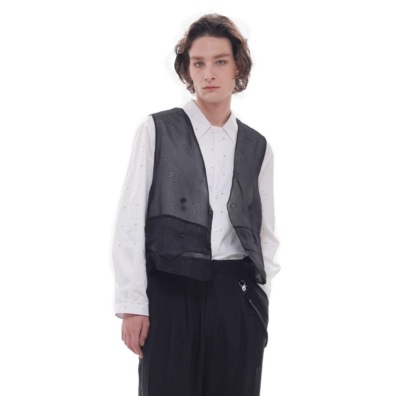 Astaroth原创小众设计感黑色透视双排扣v领真丝马甲薄款男夏合体 - 男装背心 - 丝．绢 黑色