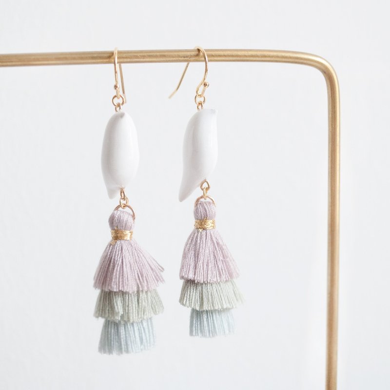 teatime 春 白鸟 淡色系 耳环耳夹 - 耳环/耳夹 - 粘土 白色