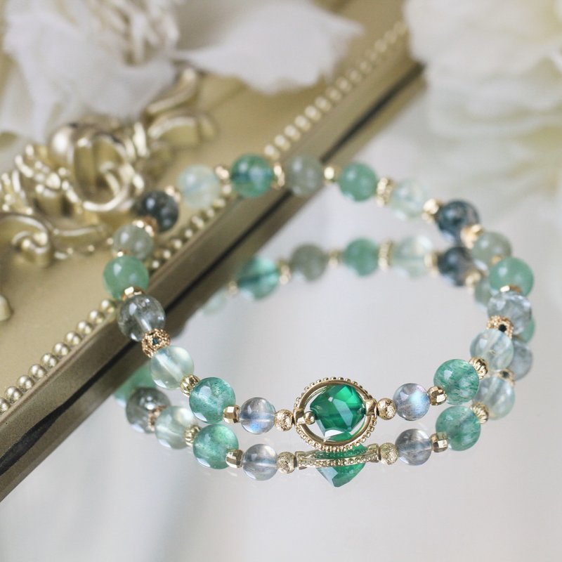 拉长石 绿幽灵 绿发晶。由布院之森。事业健康好人缘水晶手链 - 手链/手环 - 水晶 绿色