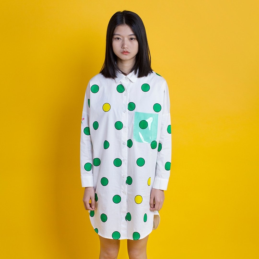 POP系列 长款衬衫-绿色波点白 - 女装衬衫 - 棉 白色