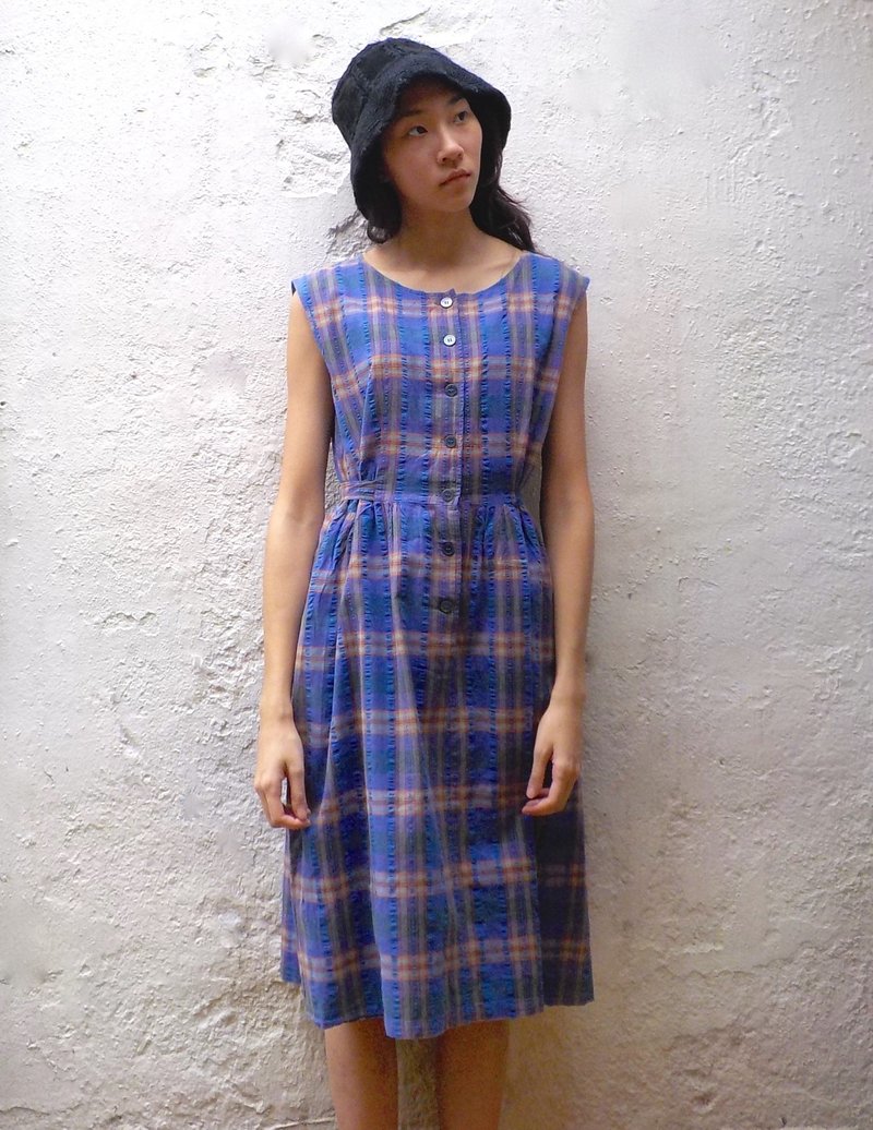 FOAK古着 纯棉蓝紫橘格子洋装 - 洋装/连衣裙 - 其他材质 蓝色