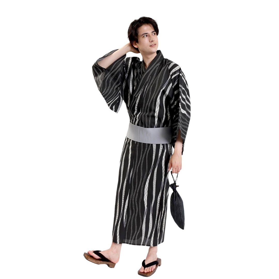 日本 和服 男士 绵 浴衣 腰封 2 件 套组  S M L Z32-11C - 其他 - 棉 黑色