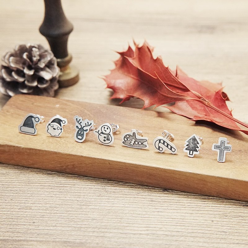 涂鸦耳环 圣诞节系列 圣诞耳环 925纯银 手工耳环 圣诞礼物 限量 - 耳环/耳夹 - 纯银 