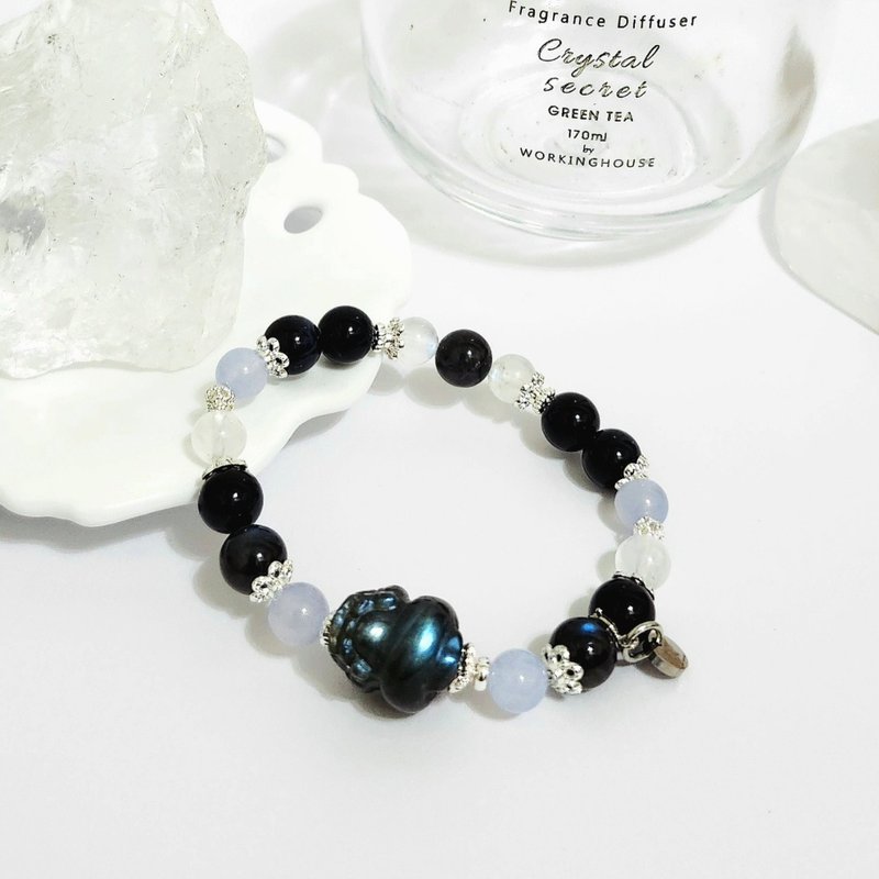 强光拉长石貔貅设计手链/增强沟通能力、开拓眼界、招桃花之搭配 - 手链/手环 - 水晶 蓝色