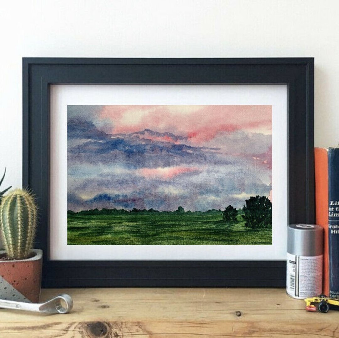 Original Watercolor Painting Cloudy Sky Landscape Green Field Art Trees Painting - 墙贴/壁贴 - 纸 多色