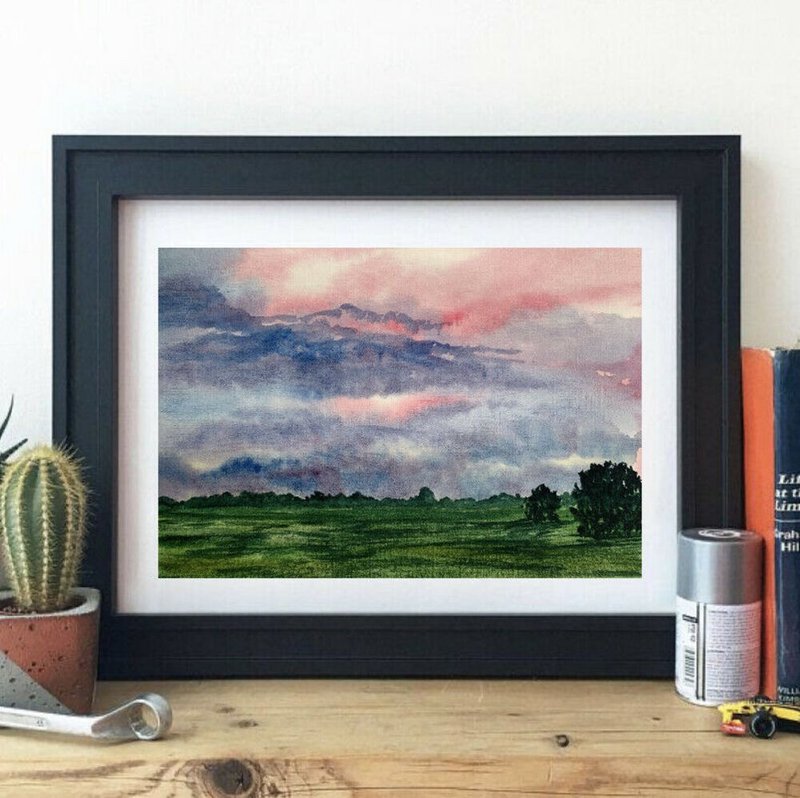 Original Watercolor Painting Cloudy Sky Landscape Green Field Art Trees Painting - 墙贴/壁贴 - 纸 多色