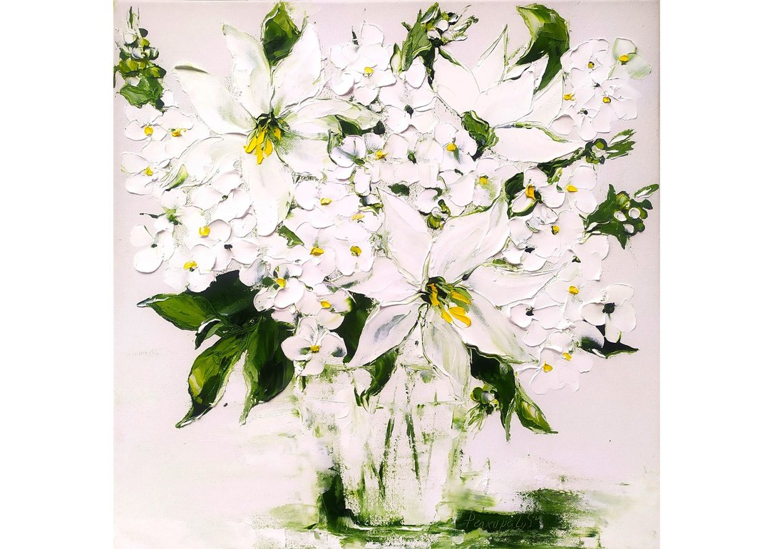 White Hydrangea Lily Oil Painting Original Art 12 by 12 - 墙贴/壁贴 - 其他材质 白色