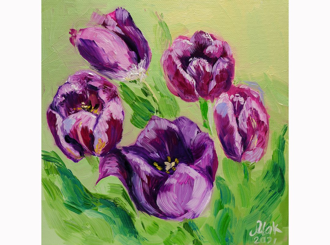 Tulip Oil Painting Floral Original Art Small Kitchen Painting Pink Flower Canvas - 海报/装饰画/版画 - 其他材质 红色