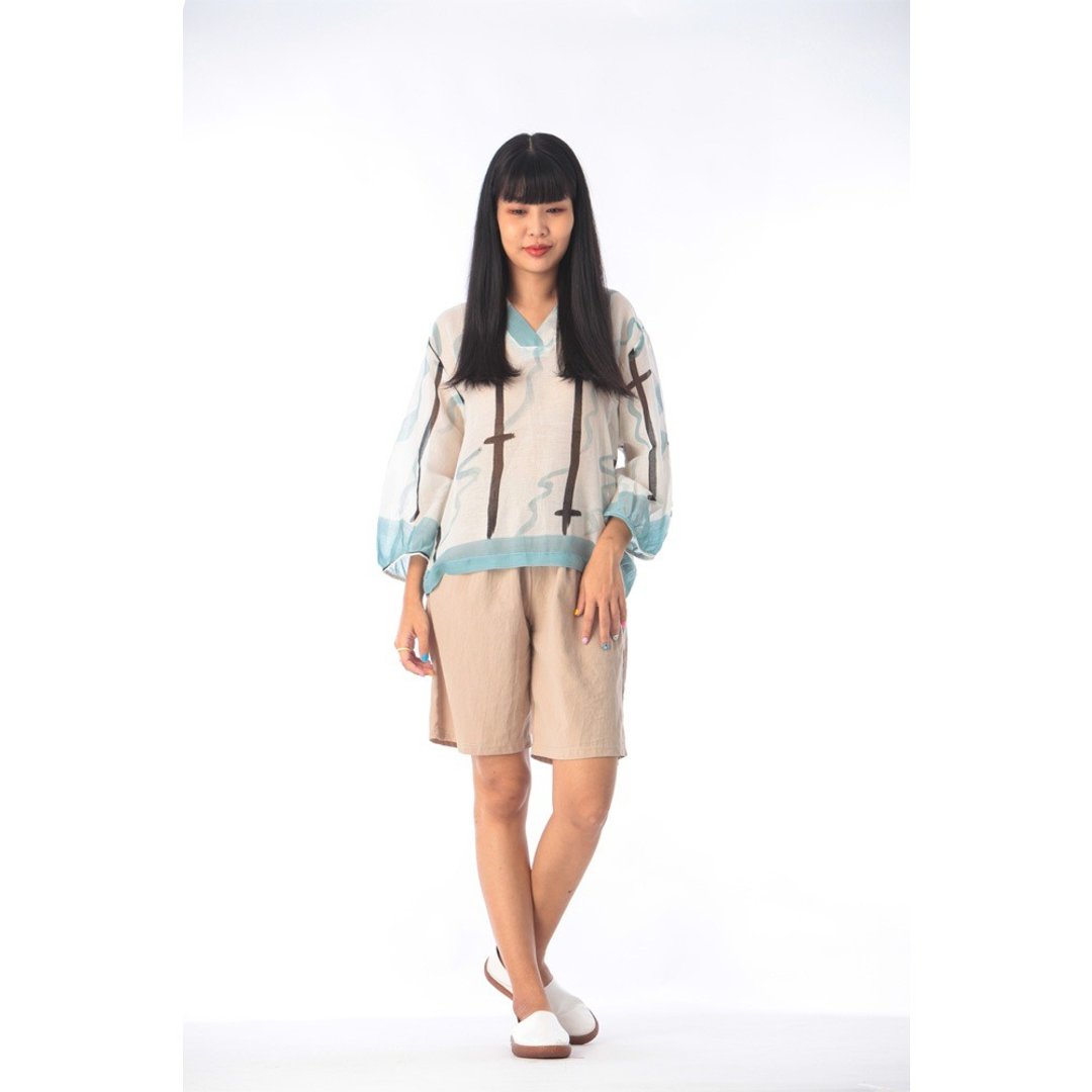 Blouse Cotton Voile Hand Paint Free Size - 女装上衣 - 棉 白色
